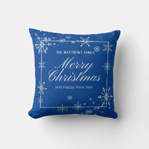 Navy Blue and Silver Snowflake Script Christmas  Cushion