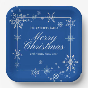 Navy Blue and Silver Snowflake Script  Paper Plate