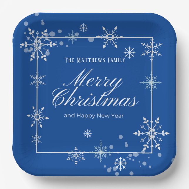 Navy Blue and Silver Snowflake Script  Paper Plate (Front)