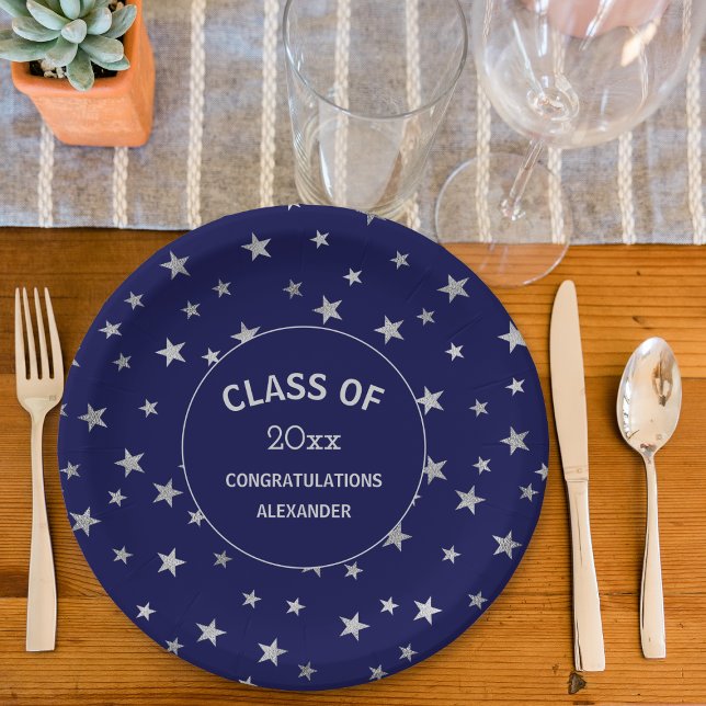 Navy blue and Silver Stars graduation party Paper Plate (Creator Uploaded)