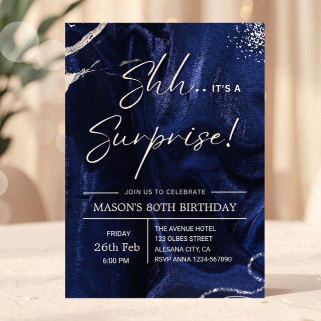 Navy Blue and Silver Surprise Party Invitation (surprise birthday invitation, 80th birthday invite, navy blue gold invitation, elegant birthday invi)