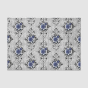 Navy Blue and Silver Victorian Floral Damask Tissue Paper