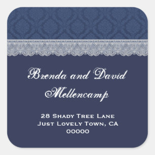 Navy Blue and Silver Wedding Damask Lace Address 9 Square Sticker
