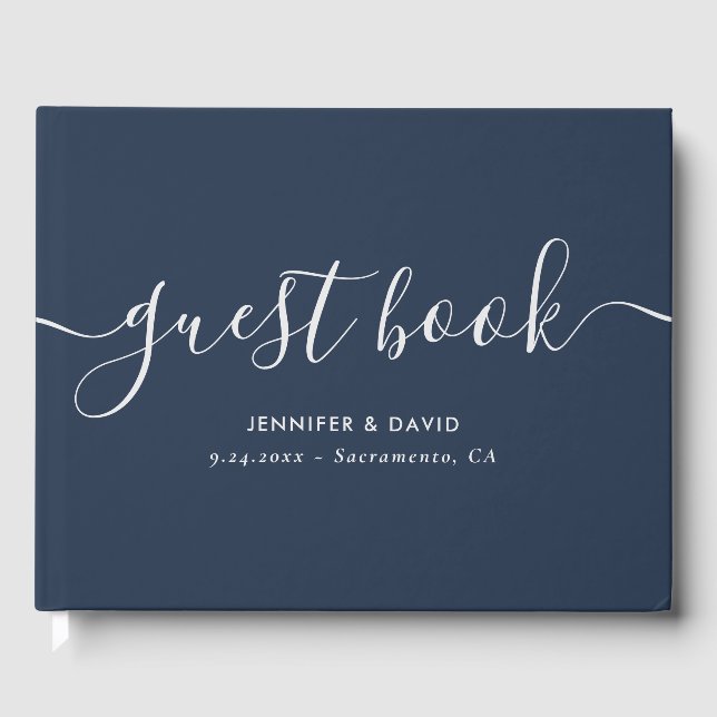 Navy Blue and Silver Wedding Guest Book (Front)