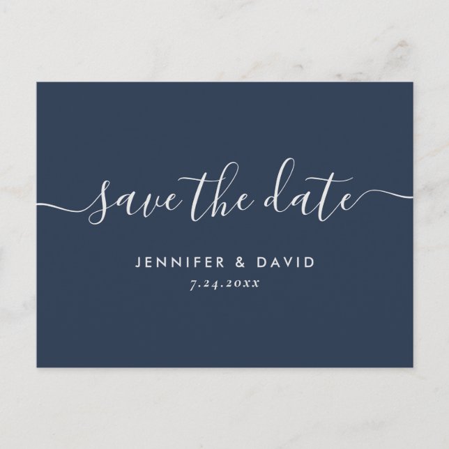 Navy Blue and Silver Wedding Save The Date Announcement Postcard (Front)