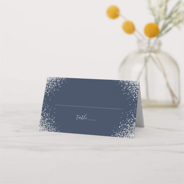 Navy Blue and Silver Wedding Seating Table Number Place Card (Front)