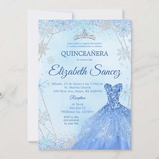 Navy Blue and Silver Winter Quinceanera Invitation (Front)