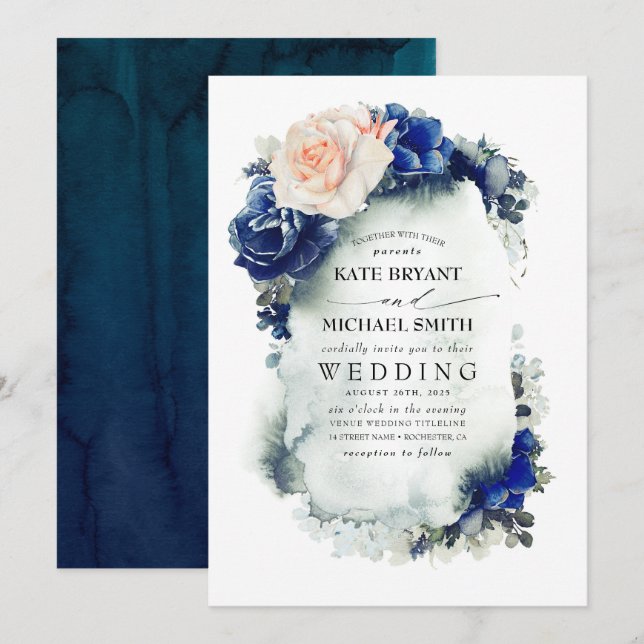 Navy Blue and Soft Peach Floral Boho Wedding Invitation (Front/Back)