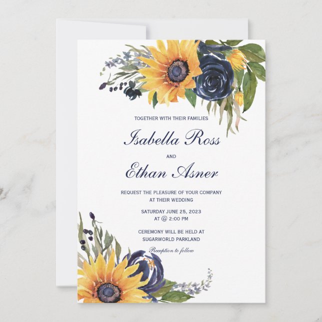 Navy Blue and Sunflower Wedding  Invitation (Front)
