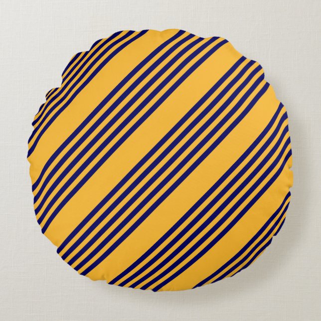 Navy blue and sunny yellow five stripes pattern round cushion (Front)