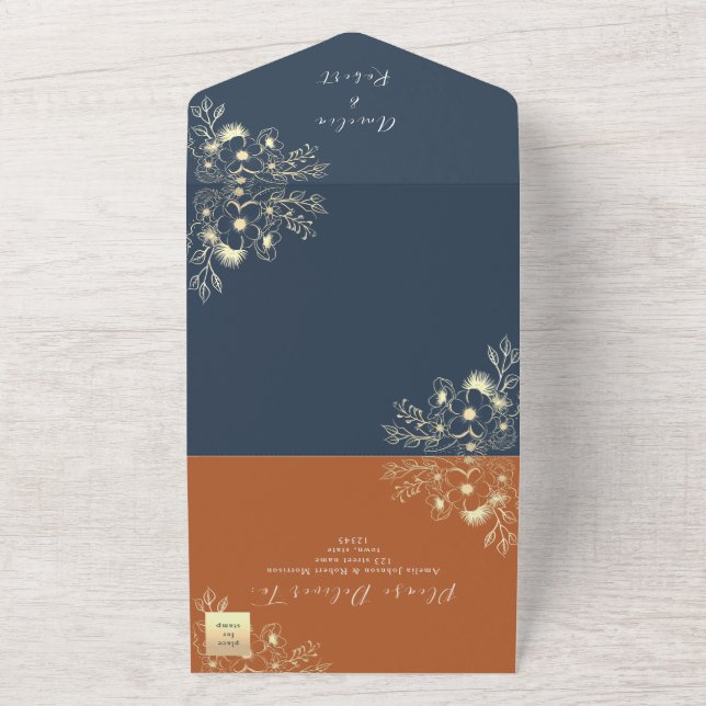 Navy Blue and Terracotta Wedding All In One Invitation (Outside)