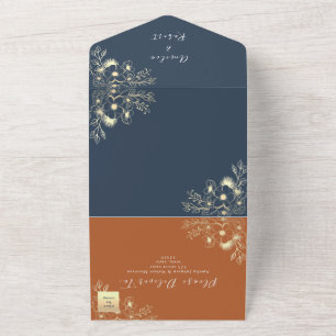 Navy Blue and Terracotta Wedding All In One Invitation