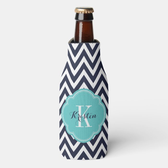 Navy Blue and Turquoise Chevron Monogram Bottle Cooler (Bottle Front)