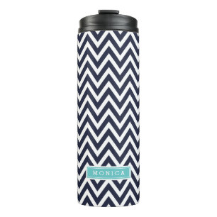 Navy Blue and Turquoise Chevron Monogram Thermal Tumbler