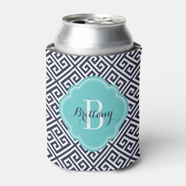 Navy Blue and Turquoise Greek Key Monogram Can Cooler (Can Front)
