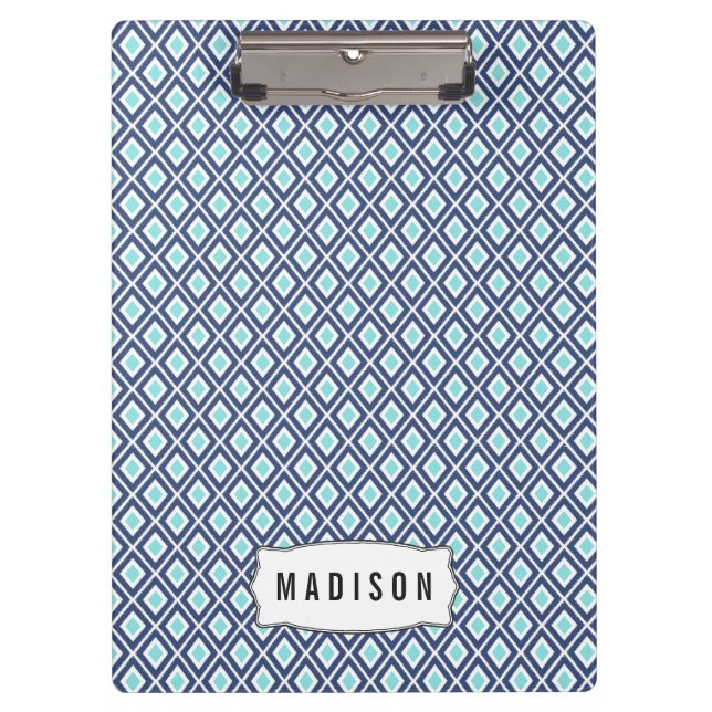 Navy Blue and Turquoise Ikat Pattern Monogram Clipboard (Front)