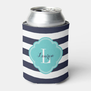 Navy Blue and Turquoise Preppy Stripes Monogram Can Cooler