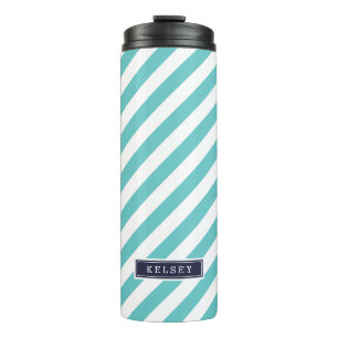 Navy Blue and Turquoise Preppy Stripes Monogram Thermal Tumbler