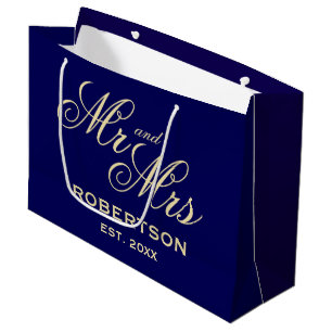 Navy blue and vanilla elegant Mr and Mrs wedding Large Gift Bag
