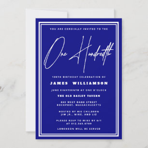 Navy Blue and White 100th Birthday Invitation
