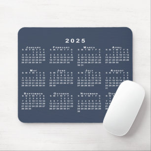 Navy Blue and White 2025 Calendar Mouse Pad