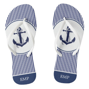 Navy Blue and White Anchor and Striped  Thongs