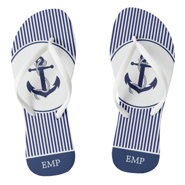 Navy Blue and White Anchor and Striped  Thongs (Footbed)