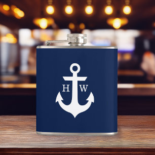 Navy Blue and White Anchor Monogram Hip Flask