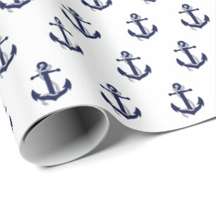 Navy Blue and White Anchor Nautical wedding Wrapping Paper
