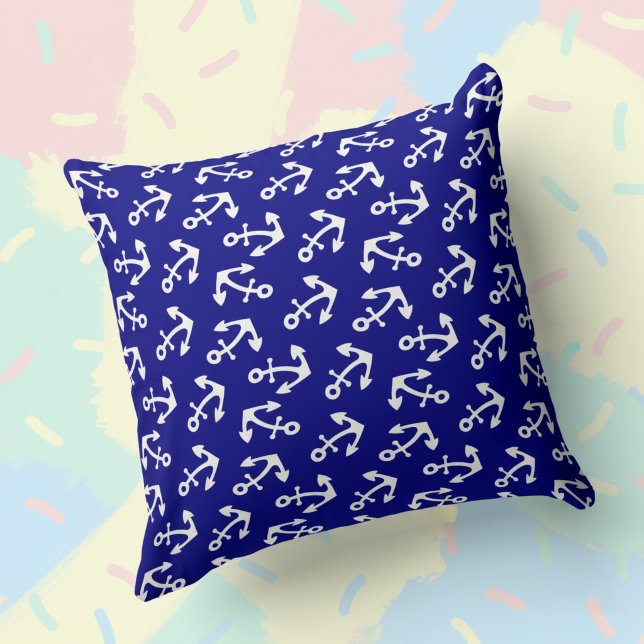 Navy Blue And White Anchors Nautical Large Cotton Cushion (Navy blue and white anchor pillow.)