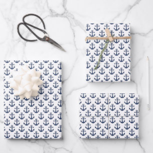Navy Blue and White Anchors Wrapping Paper Sheets
