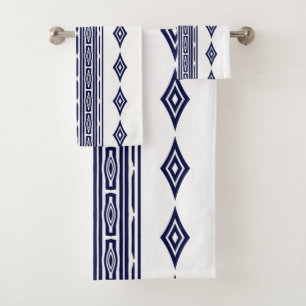 Navy Blue and White Aztec Tribal Striped Pattern Bath Towel Set