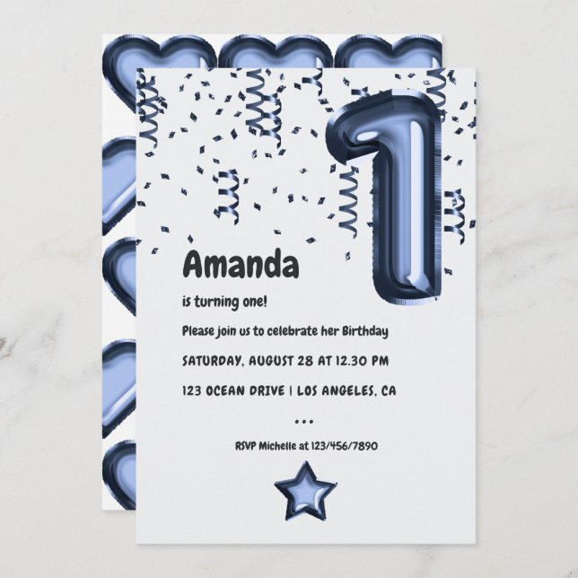 Navy Blue and White Balloon 1st Birthday Invitation (Front/Back)
