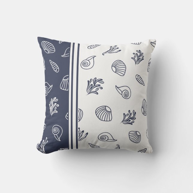 Navy Blue and White Beach House Coastal Nautical Cushion (Front)