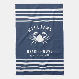 Navy Blue And White Beach House Family Name Crab Tea Towel