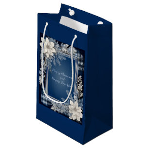 Navy Blue and White Beautiful Christmas Floral Small Gift Bag