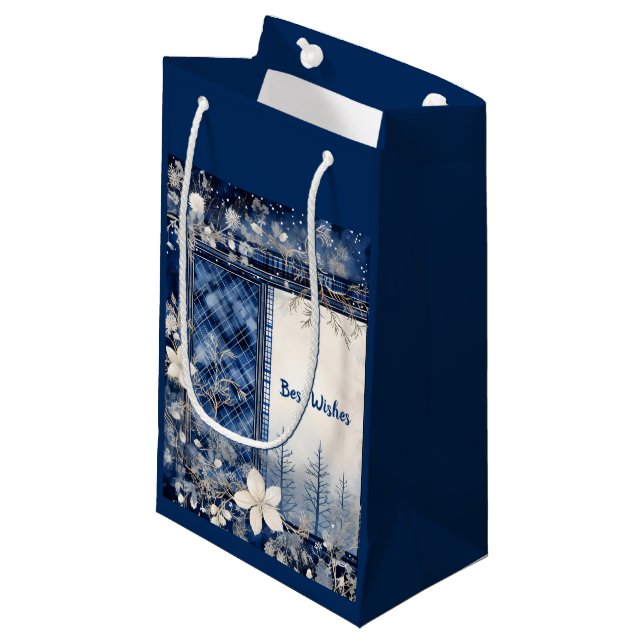 Navy Blue and White Beautiful Christmas Floral Small Gift Bag (Front Angled)