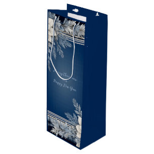 Navy Blue and White Beautiful Christmas Floral Wine Gift Bag