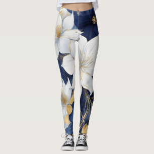 Navy Blue and White Botanical Flowers Leggings