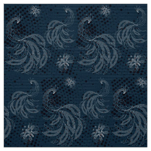 Navy blue and white butterfly,peacocks pattern fabric