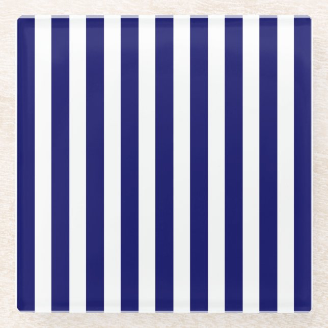 Navy blue and white candy stripes glass coaster (Front)