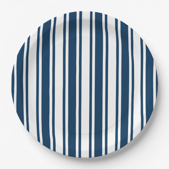 Navy blue and white candy stripes paper plate (Front)
