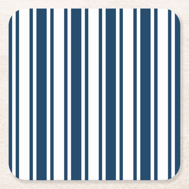 Navy blue and white candy stripes square paper coaster (Front)