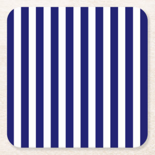 Navy blue and white candy stripes square paper coaster