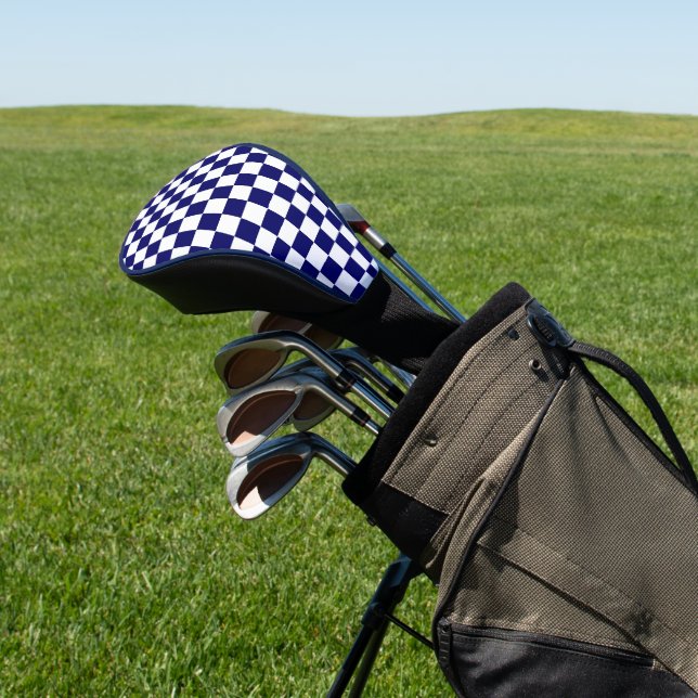 Navy Blue and White Chequerboard Pattern Golf Head Cover (In Situ)