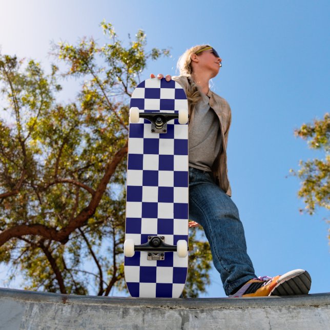 Navy Blue and White Chequerboard Pattern Skateboard (Outdoor 1)
