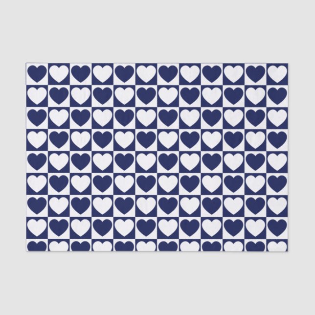 Navy Blue and White Chequered Pattern With Hearts Tissue Paper (Front)