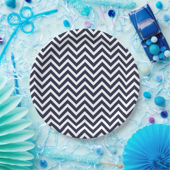 Navy Blue and White Chevron Paper Plate (Party)