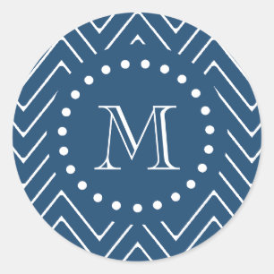 Navy Blue and White Chevron Pattern, Your Monogram Classic Round Sticker