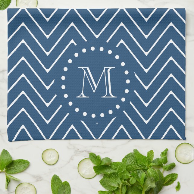 Navy Blue and White Chevron Pattern, Your Monogram Tea Towel (Folded)